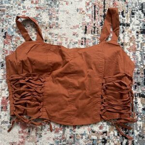 Brown and Orange Ruched Tie Front Crop Tank Top